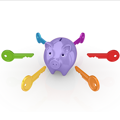 Privacy image piggybank surrounded by coloured keys